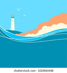 Blue sea waves with lighthouse.Vector nature poster for text