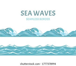 Blue sea and waves seamless border. Vector illustration of marine pattern in cartoon flat style.