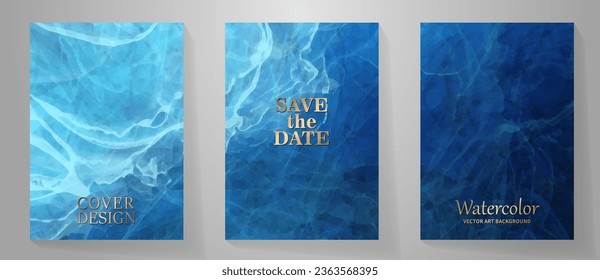 Blue sea with waves. Vector set watercolor background for cover design, card, flyer, poster. Summer illustration. Storm. Dark blue ocean and waves. Grunge vector texture. Dark navy background.