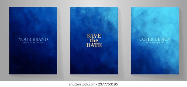 Mar azul con olas. El fondo acuarela del conjunto de vectores para diseño de portada, tarjeta, volante, afiche. Ilustración veraniega. Tormenta. Océano azul oscuro y olas. Grunge textura vectorial. Fondo marino oscuro.	