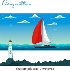 Blue sea with yacht and lighthouse. Marine nature landscape with sailboat, wildlife background, sea navigation, ocean regatta vector illustration