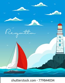 Blue sea with yacht and lighthouse on island. Marine nature landscape with sailboat, wildlife background, sea navigation, ocean regatta vector illustration