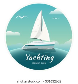  Blue sea  with yachts and lighthouse. Sea cruise on a yacht. Yachting. Yacht Club. Vector Illustration