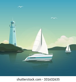  Blue sea  with yachts and lighthouse. Sea voyage on the yacht.  Yachting. Vector Illustration