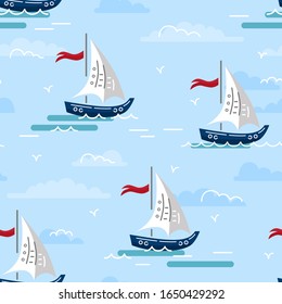 Blaues Meer und Yachten nahtlose Muster. Vektorillustration.