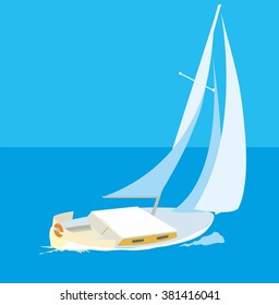 Blue sea with yachts. Vector flat Illustration