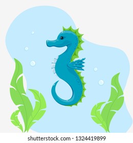 Blue seahorse and green algae under water, illustration.