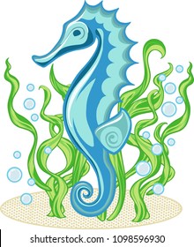 Blue seahorse isolated from background including seaweeds ,water bubbles and sand.  Illustration created in vector format.