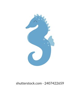 Blue seahorse in kawaii style. Funny character of sea animal, fish. Used for invitation, children's book, poster, card. Vector illustration, isolated on a white background.