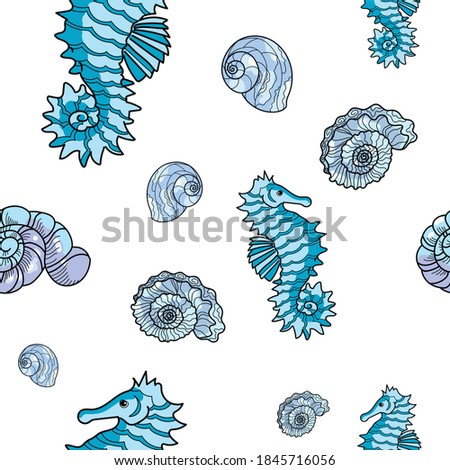 Blue seahorse and shells seamless pattern. Hand drawn on a white background. Vector pattern for textile, background, ornaments
