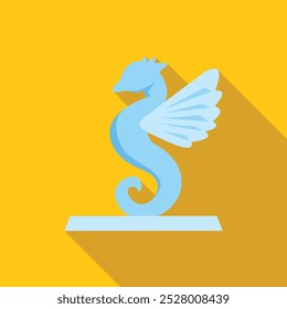 Blue seahorse with wings standing on a pedestal on yellow background in flat design style