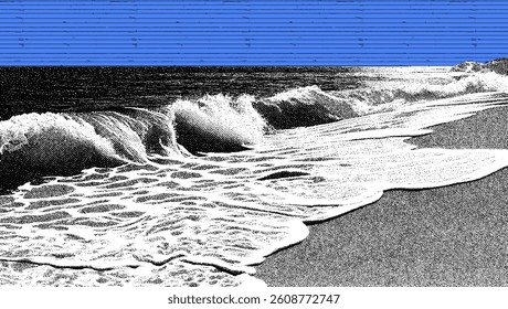A blue sea-inspired collage with ocean textures, retro beach vibes, scrapbook waves, and water-themed vintage paper layers.