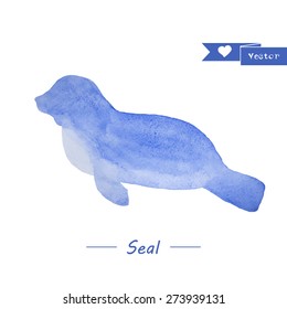 Blue seal illustration. Abstract watercolor sea calf.  Watercolour vector illustration. Wild life. Sea mammal.