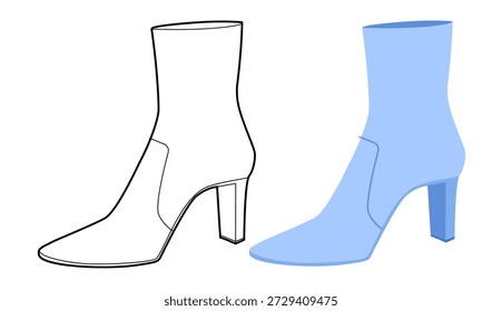 Blue seamed block heel ankle boot women flat plus line set. Stitched detail with chunky sole for winter nights. Technical fashion illustration CAD mockup mixed vector men unisex isolated chic style