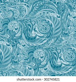 Blue seamless abstract pattern of leaves, flowers, birds and fish, hand-drawn colored background, pattern fills, web page background, surface textures. fabulous seamless background and wallpaper