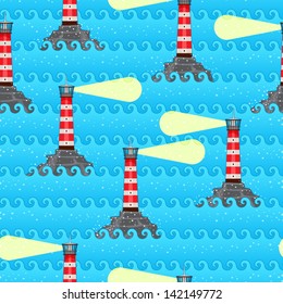 blue seamless abstract pattern with the sea waves and lighthouses. vector illustration 