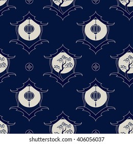 The blue seamless asian pattern in the Chinese style with pine trees in frame and lanterns.