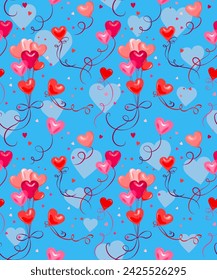 Blue seamless backdrop with pink and red balloons in a blue sky Holiday pattern for wallpaper, textile or packing paper