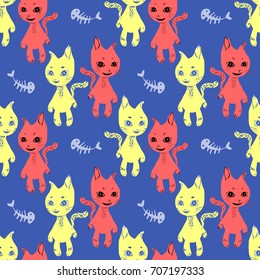 Blue seamless background with cats and fish bones in cartoon style