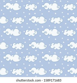 Blue seamless background with clouds and stars
