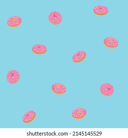 Blue seamless background with donuts with pink icing. Vector template for wallpaper, printing on wrapping paper and textiles