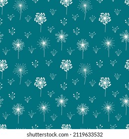 Blue seamless background with doodle flowers, vector grafic.