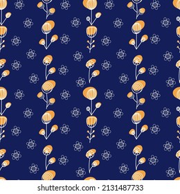 Blue seamless background with doodle flowers, vector grafic.