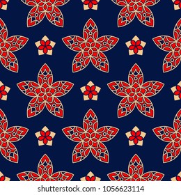 Blue seamless background. Floral beige and red pattern for wallpapers and textile