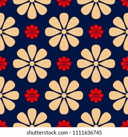 Blue seamless background. Floral beige and red pattern for wallpapers and textile