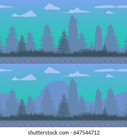Blue seamless background for game development. Designer creating the level. Forest mountains in the background.