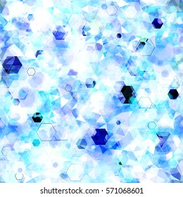 Blue seamless background with hexagons, spots and polygonal pattern. 
