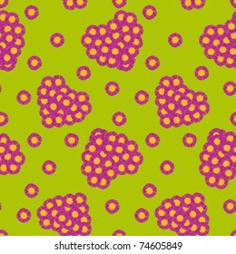Blue seamless background with red hearts from daisies flowers on a green background