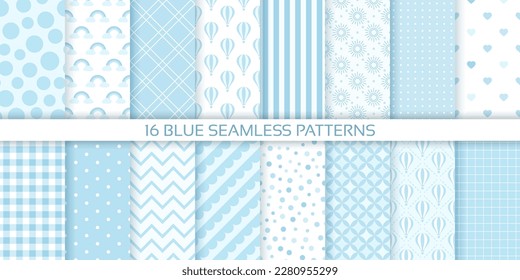 Blue seamless background. Scrapbook baby shower patterns. Set cute prints with polka dots, stripes, zigzag, plaid. Retro pastel texture. Geometric childish wrapping backdrop. Color vector illustration