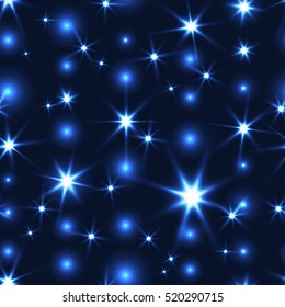 blue seamless background with shiny star Christmas chain. Festive motion seamless background in blue color. Sparkle shiny glossy beautiful seamless pattern.