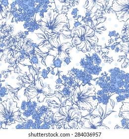 Blue Seamless Background with Spring and Summer Flowers, Vector illustration on Polka Dot Background