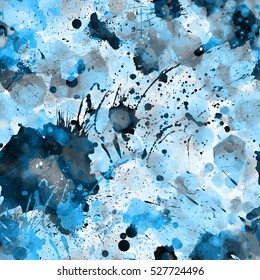 Blue seamless background texture. Ink blots. Vector art design for fabric, printing, wrapping paper. Watercolor effect