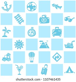 Blue seamless background of travel/vacation pattern theme. Freehand drawing in cute style. Vector illustration. 