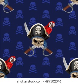 Blue seamless background wirh Jolly Roger in hat with parrot