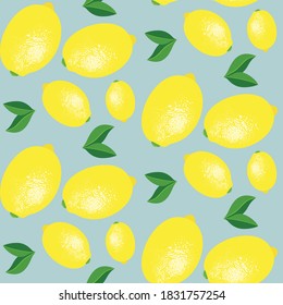 Blue seamless background of yellow lemons and green leaves