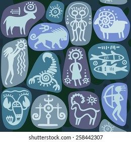 Blue seamless background: zodiac signs. Horoscope. Ethnic style. 