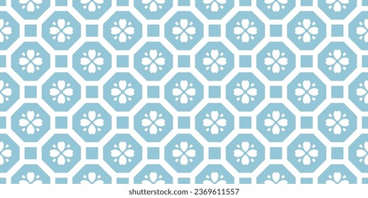 Blue seamless banner with geometric shapes and flowers