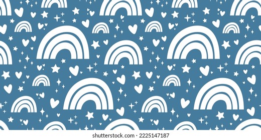 Blue seamless banner with white rainbows and hearts.