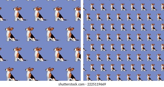 Blue Seamless Beagle dog pattern, holiday texture. Packaging, textile, decoration, wrapping paper. Trendy hand-drawn funny breed wallpaper. Fun seamless running sitting Beagle dog square pattern.