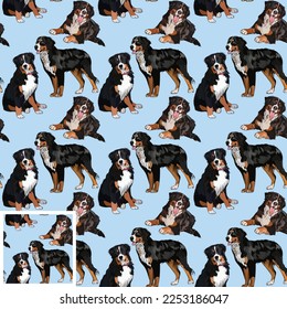 Blaue Nahtlose Berner Hundsmuster, Urlaubstextur. Verpackung, Textilien, Dekoration, Verpackungspapier. Trendy handgezeichnet lustige Rasse Tapete. Fun nahtlos sitzender Berner Sennenhund Hund