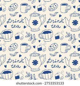 Blue Seamless Breakfast Pattern with Tea Pot, Teacups, Mugs, Cookies and text Drink Tea.