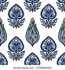 Patrón de buta azul sin costuras con diseño de corazón y hoja