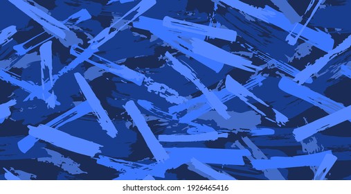 Blue Seamless camouflage pattern of brush strokes, perfect for clothes. Shades of blue. Artwork grunge pattern. Seamless camouflage of grunge strokes. Vector illustration of brush strokes for print.