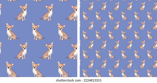 Blue Seamless Chihuahua dog pattern, holiday texture. Packaging, textile, decoration, wrapping paper. Trendy hand-drawn funny breed wallpaper. Fun seamless running sitting small dog square pattern.