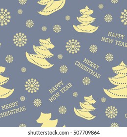 Blue seamless Christmas Background - snowflakes, Christmas trees. Vector illustration in vintage style