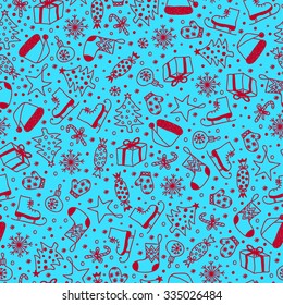 blue seamless Christmas pattern with red cartoon elements